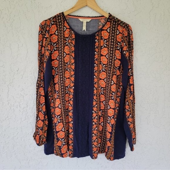 Matilda Jane Bohemian Orange and Navy Patterned Crochet Blouse Size Medium - Picture 3 of 11